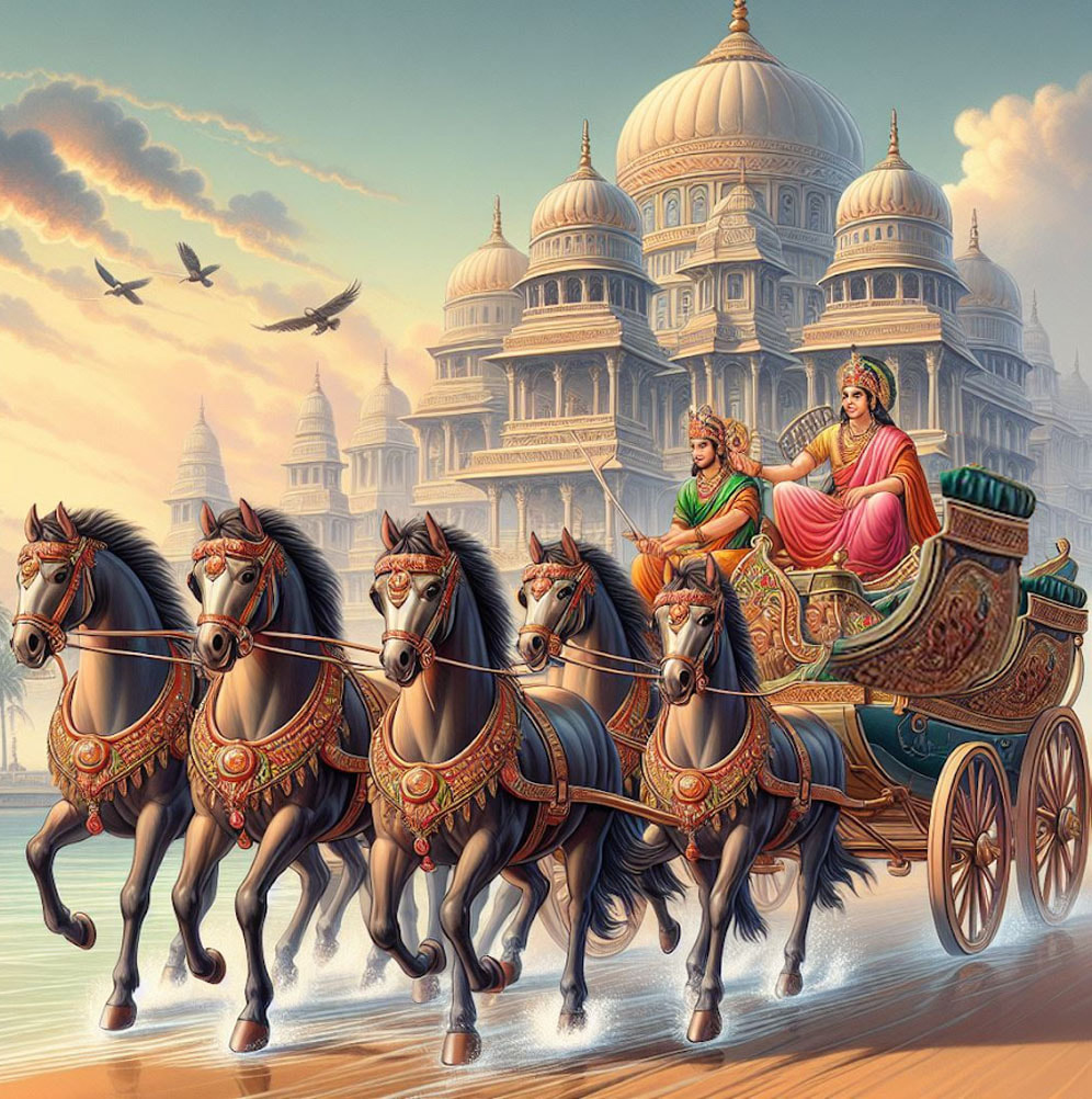 Human body is the chariot. In this chariot Jeev is the passenger, intellect is the driver, mind is the bridle and the senses are the horses.Picture