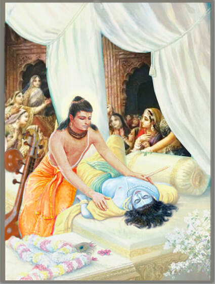 Narad Ji attending to Shri Krishna