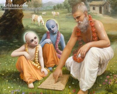 Sandipani Muni teaching Shri Krishna and Balram